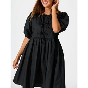 Retrod Woman Black Cotton Poplin Tie Front Puff Sleeve Babydoll Dress MEDIUM